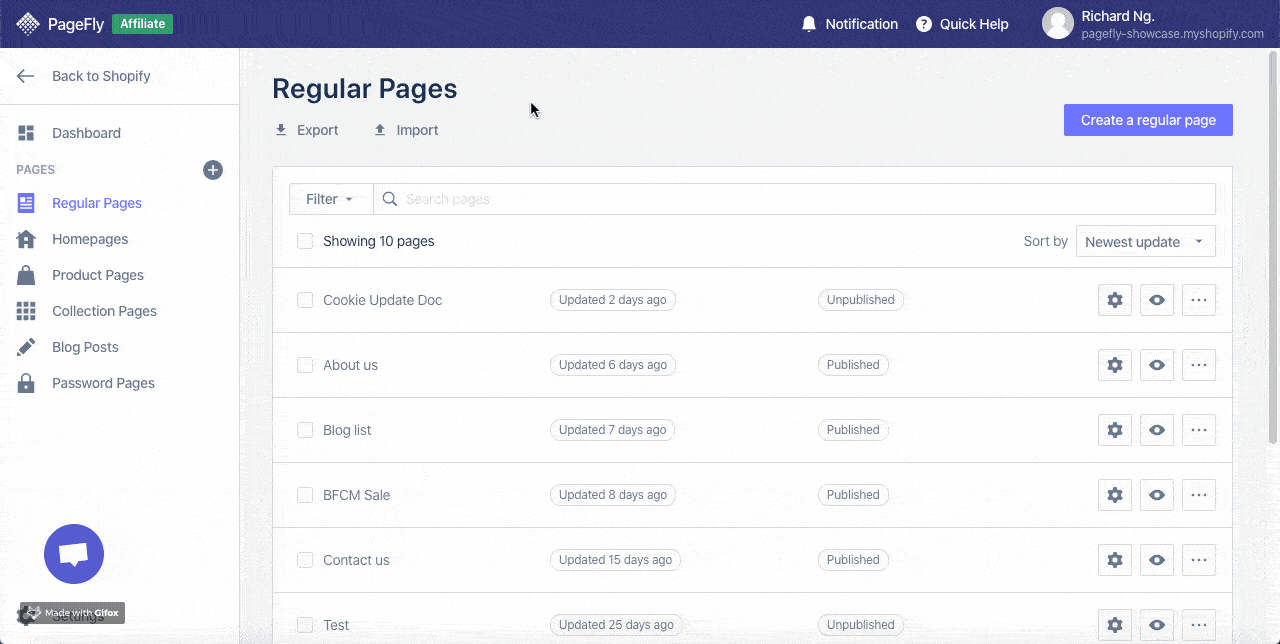 import export pages